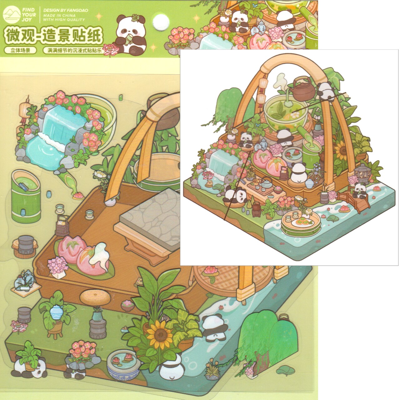 Pandas and Orange Tea Isometric Stickers, 3D Landscape Activity, Adorabilities